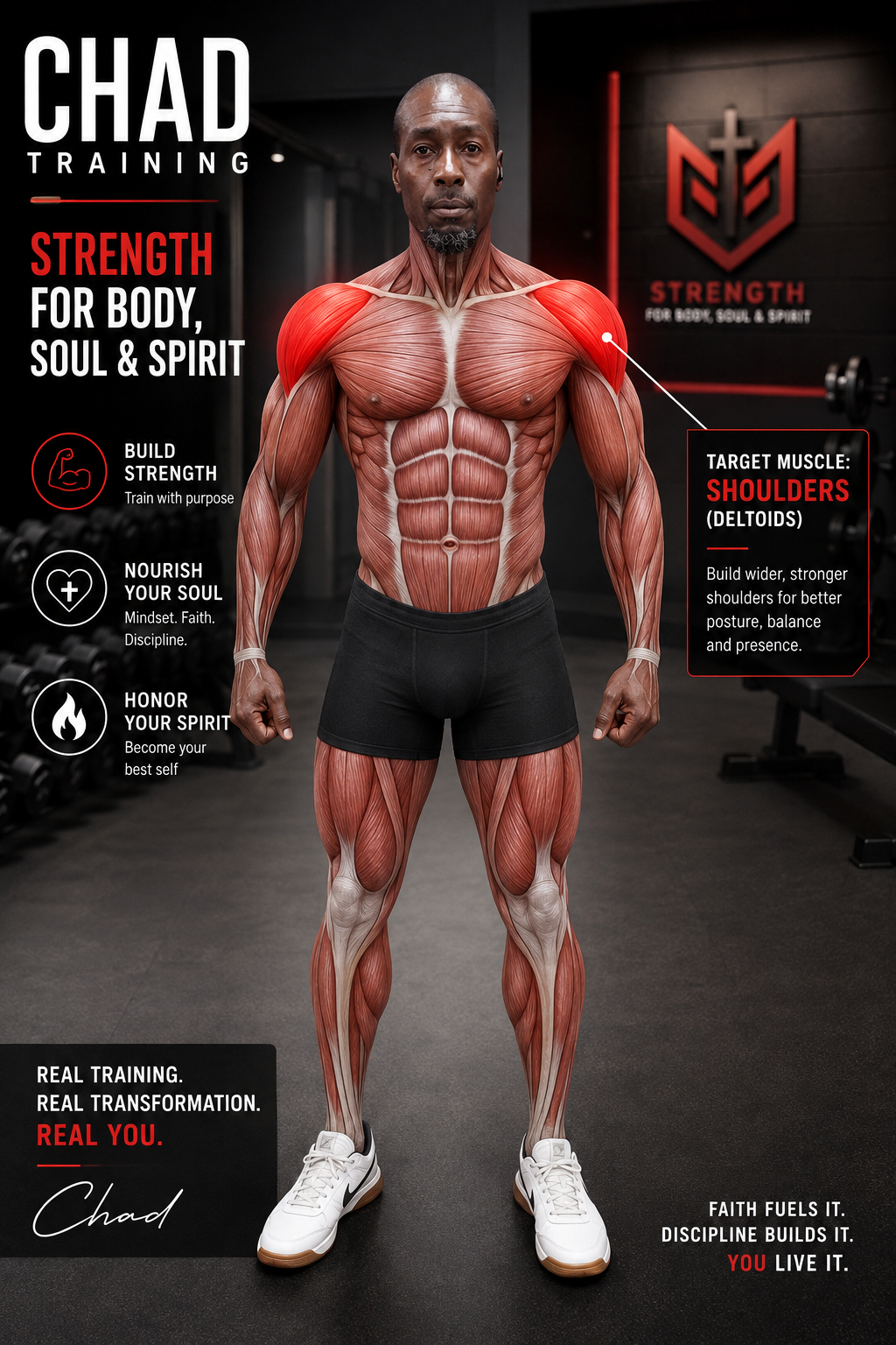 Concept illustration showing Chad and the muscle groups used in training